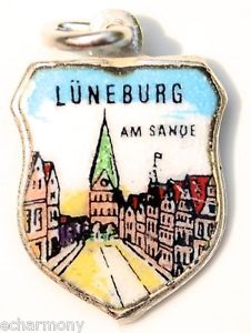 Luneburg GERMANY - Am Sande - Vintage Silver Enamel Travel Shield Charm
